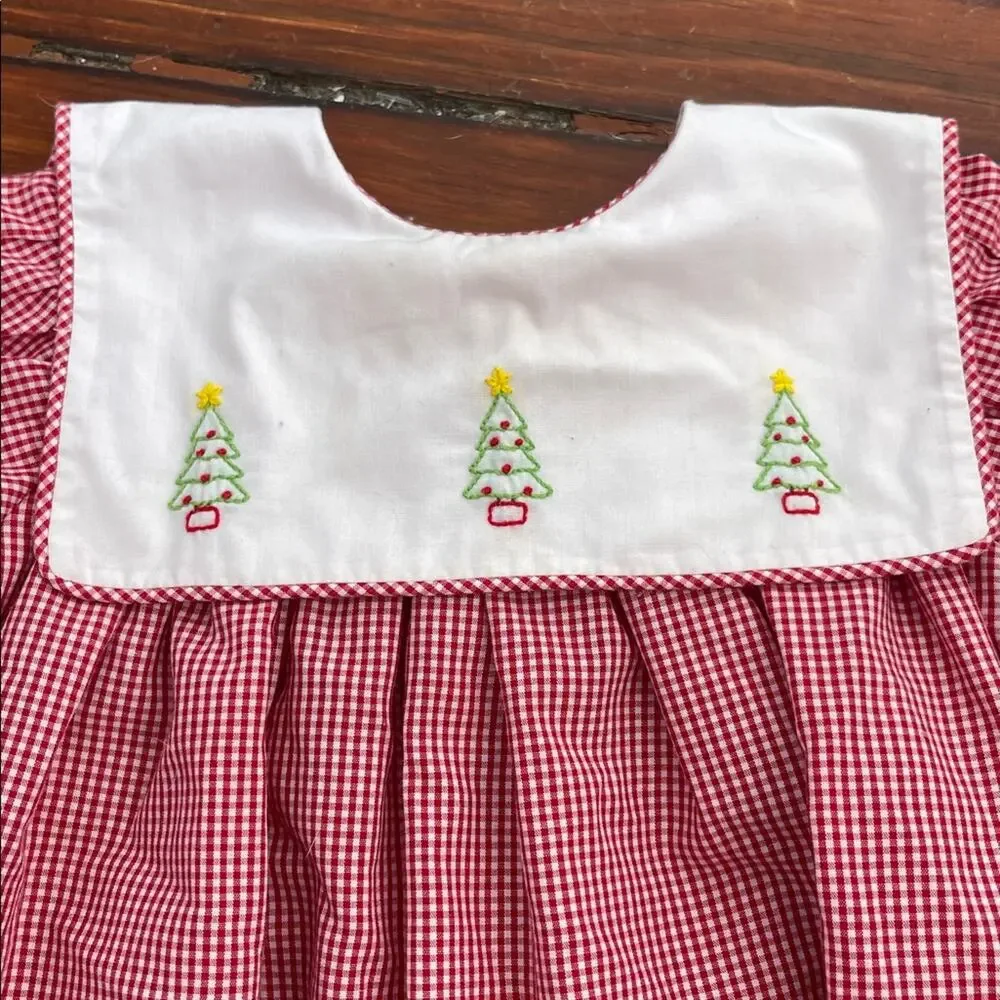 Handmade Holiday Christmas gingham plaid tree embroidered sailor collar dress